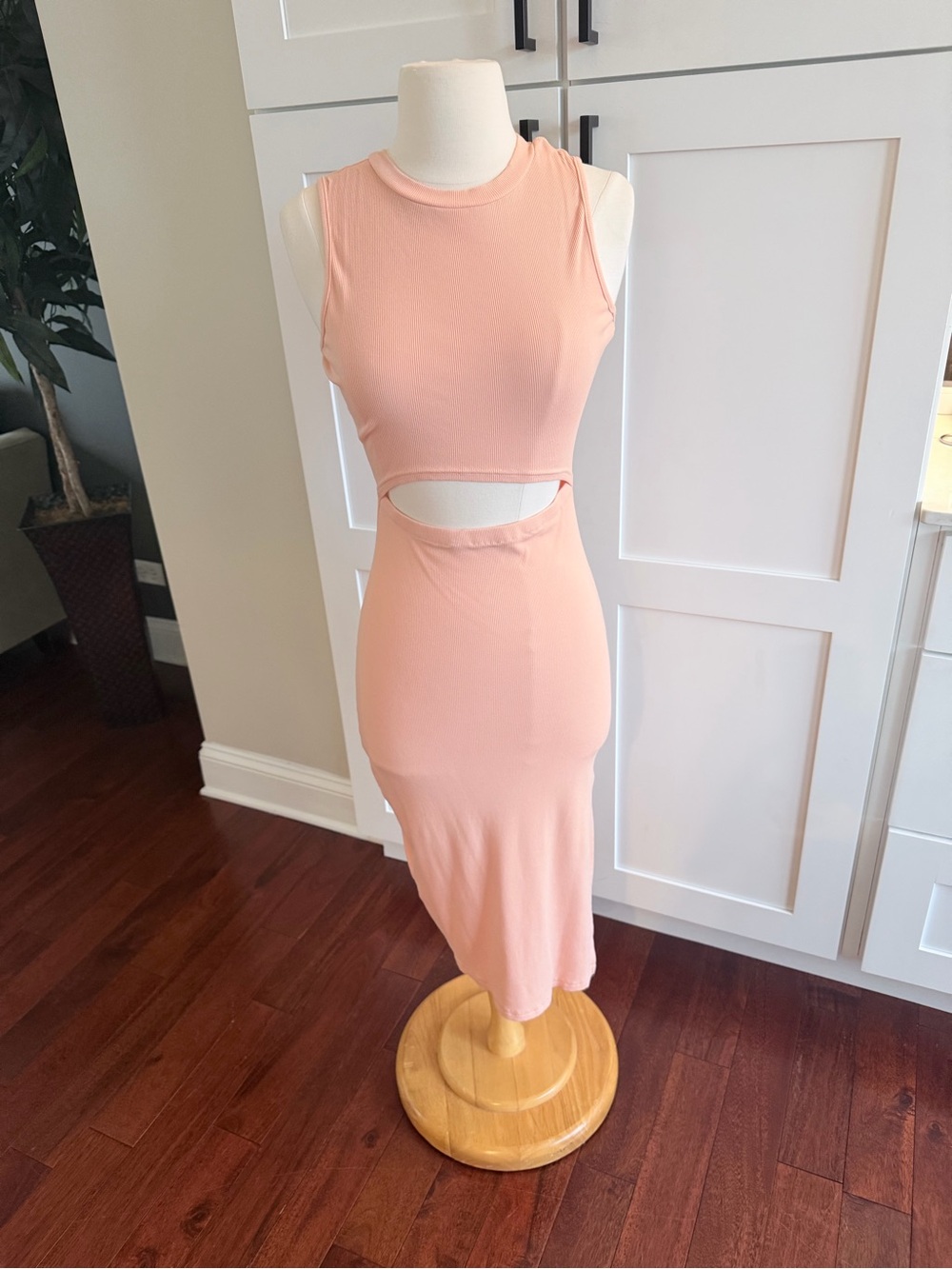 Ribbed Sleeveless Cutout Midi Dress - Peach Pink